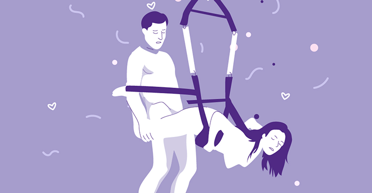 illustratie staand seksstandje 'vogelvlucht': vrouw hangt voorover in seksschommel, man staat achter haar tussen haar benen - Willie Magazine